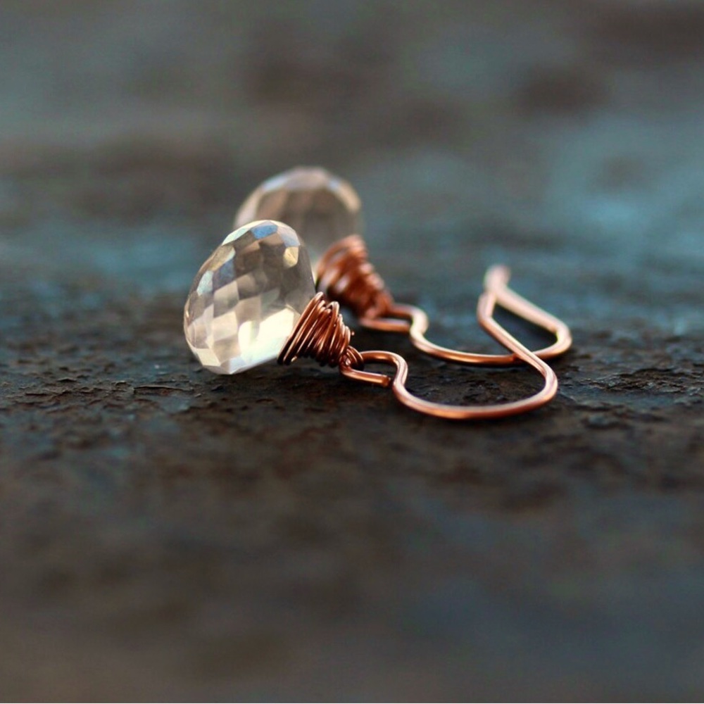 White Moonstone Earrings, 14k Rose Gold Filled Wire, White Gem Dangles